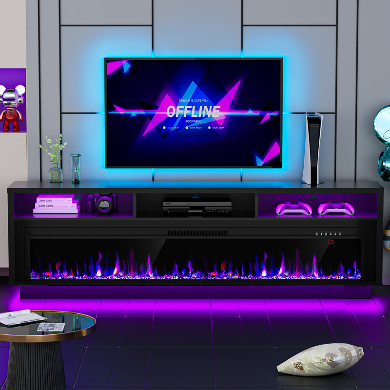 Fireplace TV Stand for TVs Up to 80" with 64" Electric Fireplace, TV Console for The Living Room, LED Light Entertainment Center, Storage Cabinet, Media Console Table