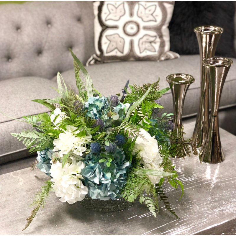 Betsy Miller Hydrangea Floral Arrangement in Glass Vase, Blue/Green