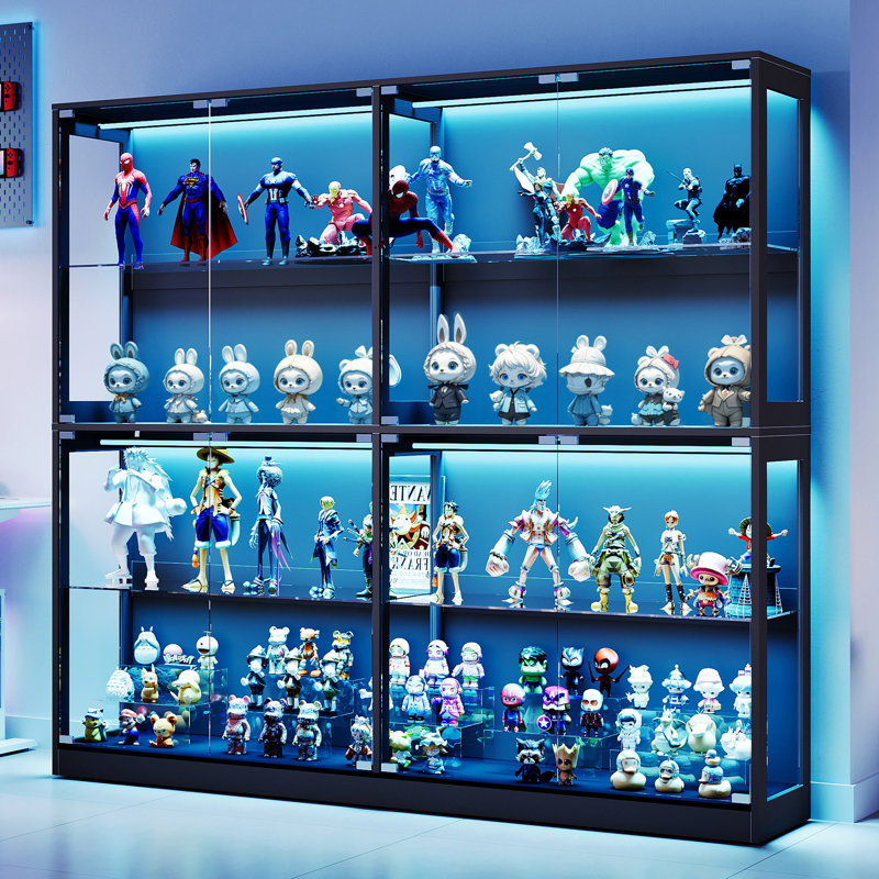 RGB Display Cabinet with Adjustable Glass Shelves, 4-Tier Storage Case with LED Lights & Press-to-Open Doors, Modern Display Shelf for Collectibles, Black 