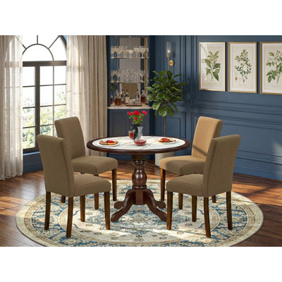 5-piece dining table set includes a pedestal dining table and 4 High Back Parsons chairs with Coffee linen fabric, Mahogany finish.