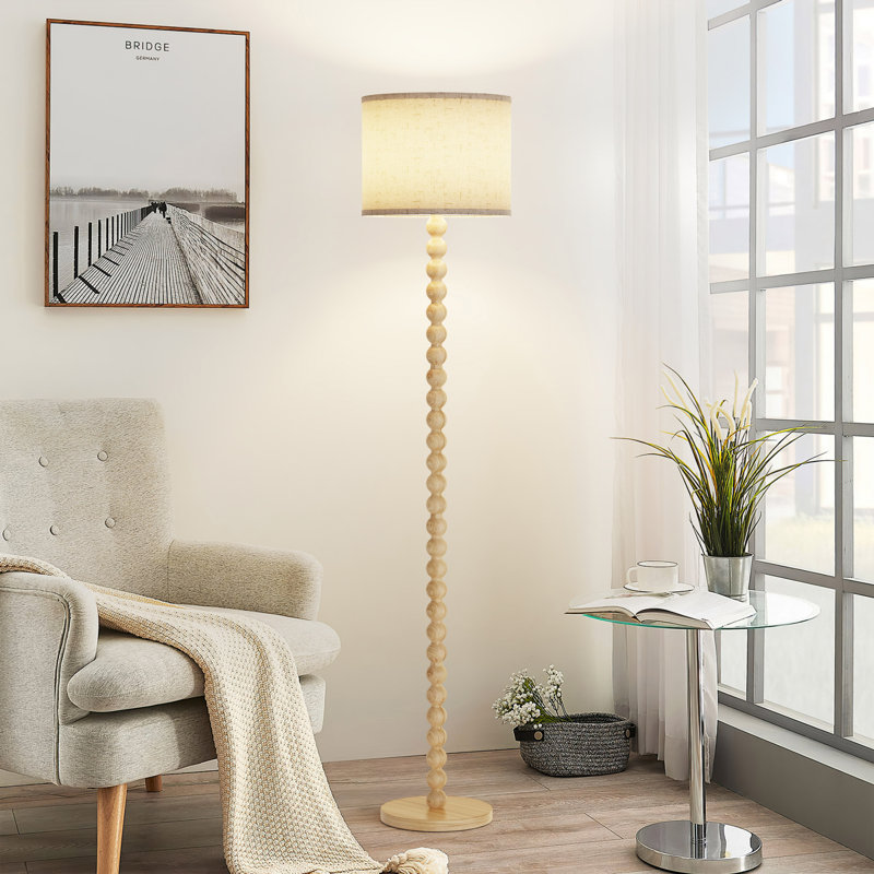 Solid Wood Traditional Floor Lamp With Beaded Column,  Include 3-color Bulb, Natural