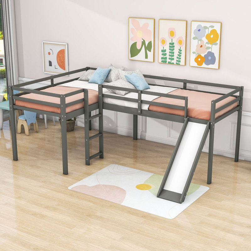 Lit mezzanine simple en L avec échelle et glissade Farand, gris