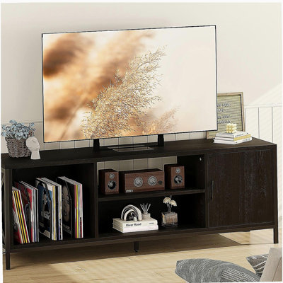Meuble télé moderne pour téléviseur de 65 pouces, console multimédia avec rangement Mid-Century, chêne