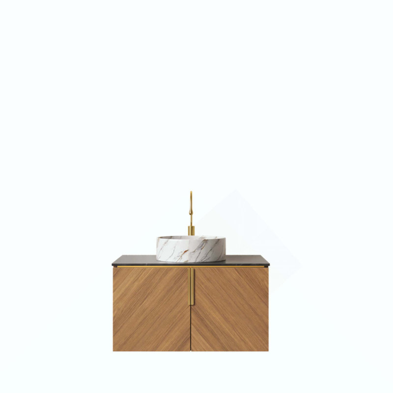 Meuble-lavabo de salle de bain, meuble de rangement flottant en contreplaqué pour salle de bain avec comptoir en pierre frittée à 2 portes et lavabo rond en céramique à motif de pierre