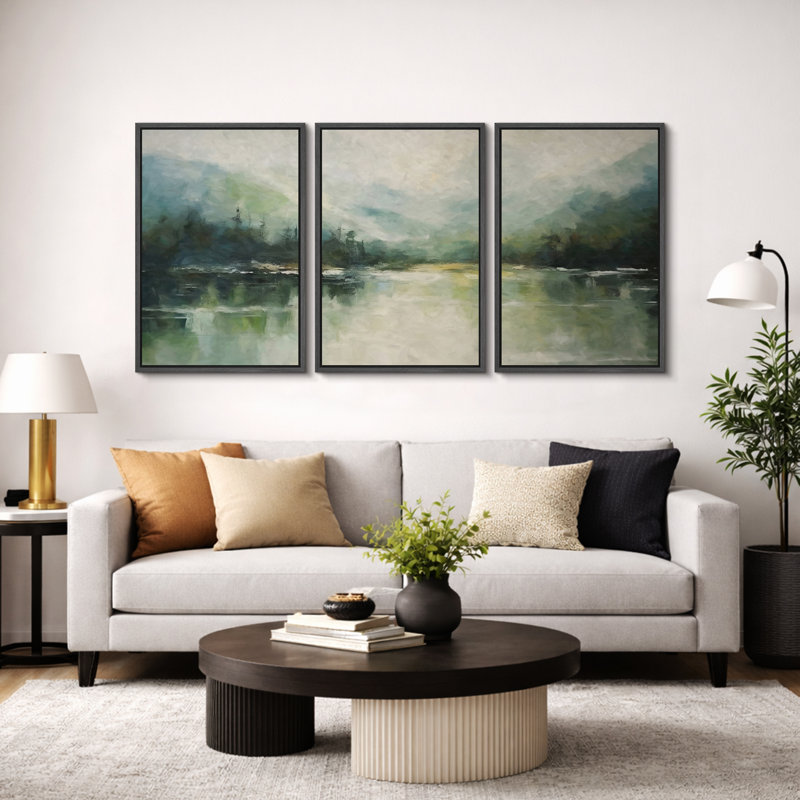 Abstract Landscape "Emerald Green Mountain Lake Nature Artwork, Modern Minimal Aesthetic Wall Pictures, Framed Canvas Giclée Print 3 Pieces Wall Art"