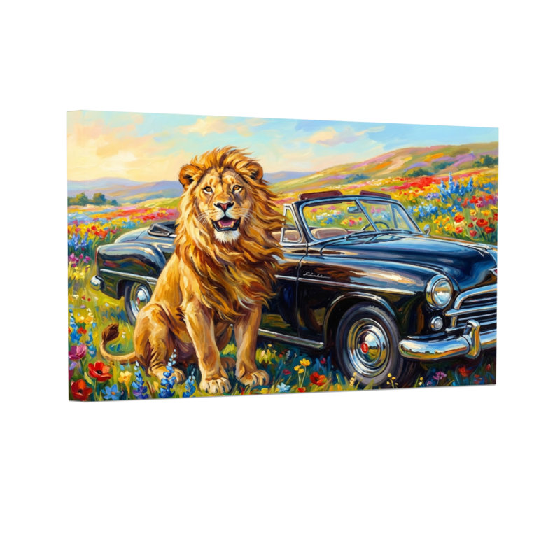 Animaux, lion à côté d'une voiture classique dans un champ de fleurs, H 16 po x l 24 po