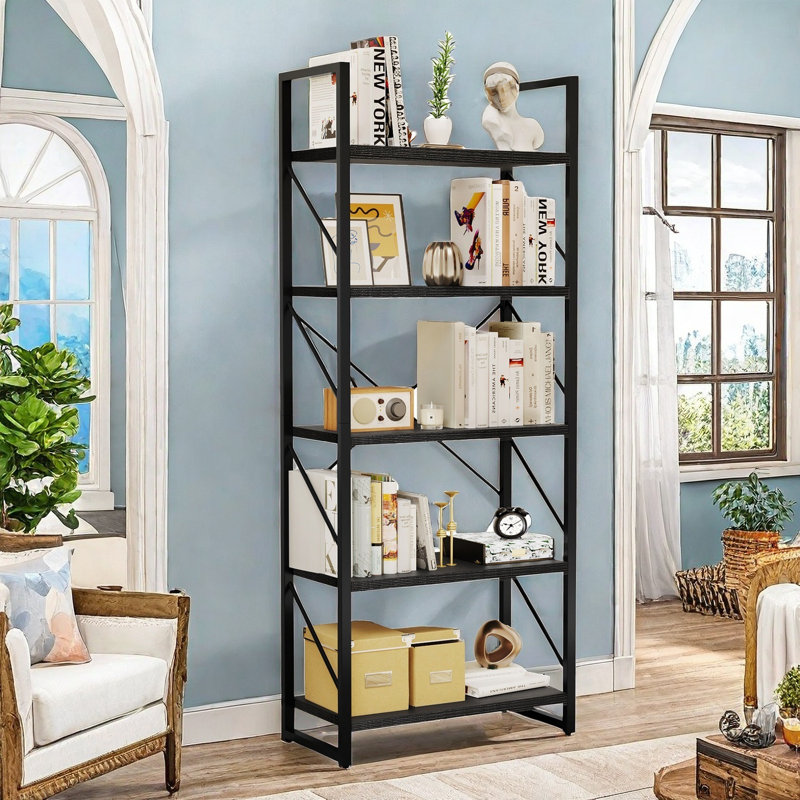 62'' H 5-Tier Etagere Bookcase With Metal Frame, Black