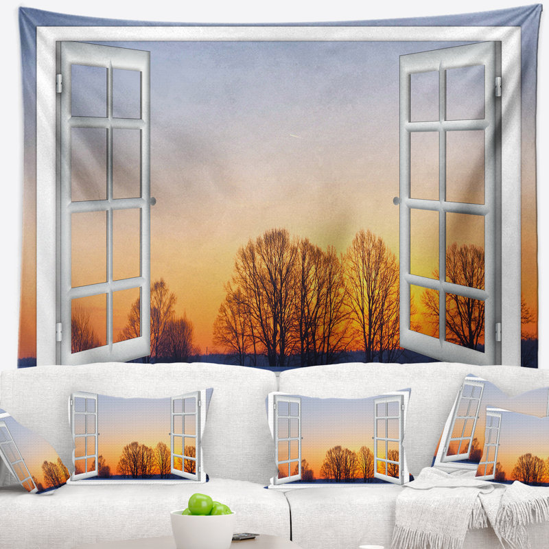 La fenêtre paysage au coucher de soleil par-dessus la neige tapisserie, H 32 po x l 39 po