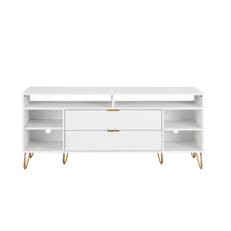 DUMBO 63" Mid-Century Modern TV Stand with 6 Shelves and 2 Drawers, White