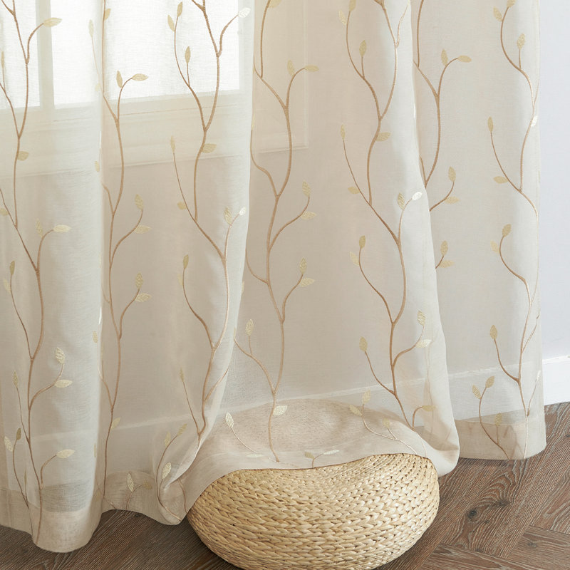 Rideaux transparents en lin brodé pour chambre à coucher, L 55 po x L 84 po, Beige