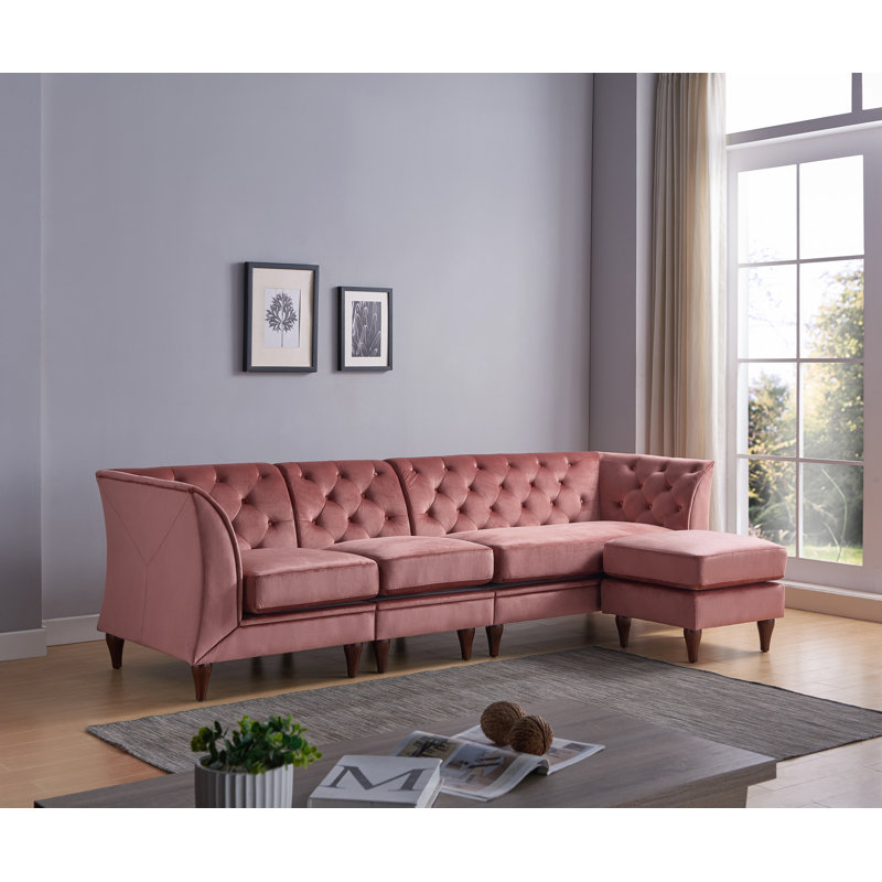 Willer Upholstered L-Shaped Sectional Reversible, Pink Velvet