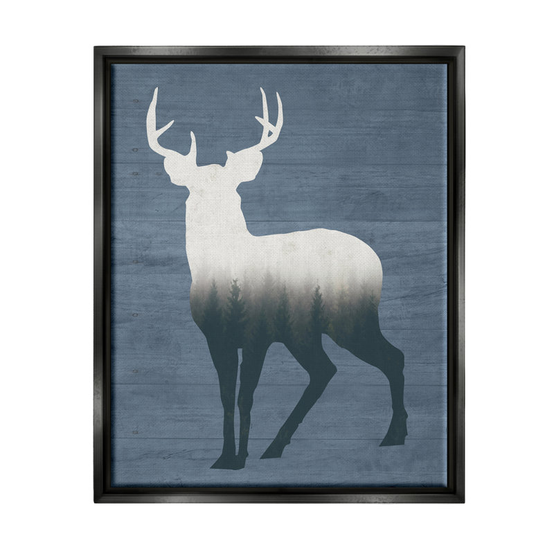 «Rustic Deer Silhouette Cabin Style Grain Motif» par lettré et doublé - impression sur toile, Cadre flottant noir de jais