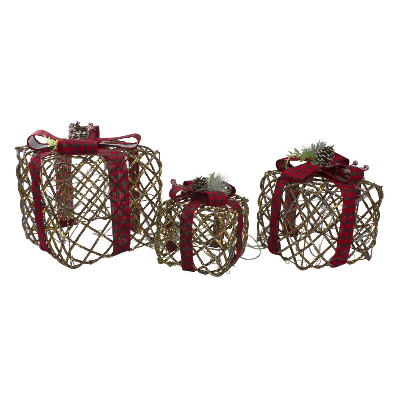 Rustic Rattan Christmas Gift Boxes with Pinecones and LED Lights - Set of Three