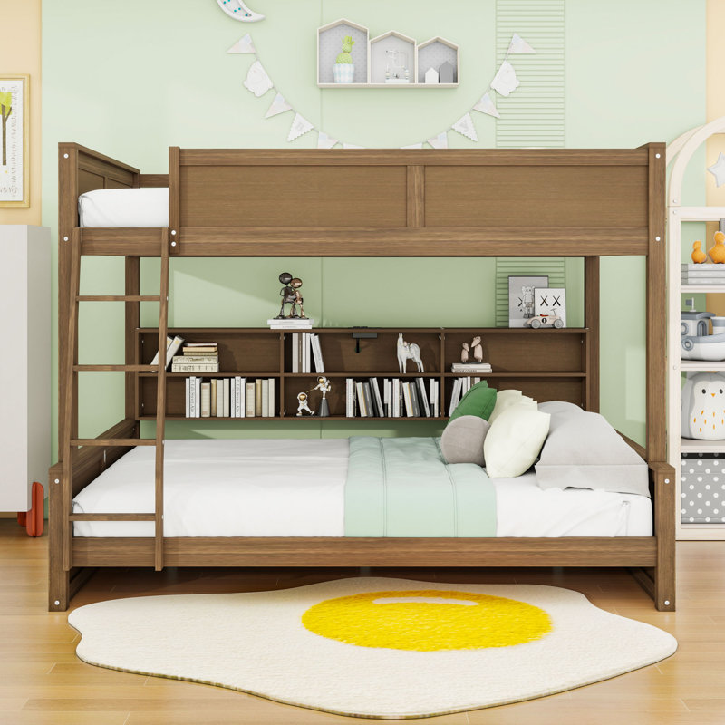 Lit superposé en bois avec tablettes de rangement et ports USB, Double TG sur grand, Couleur de bois antique