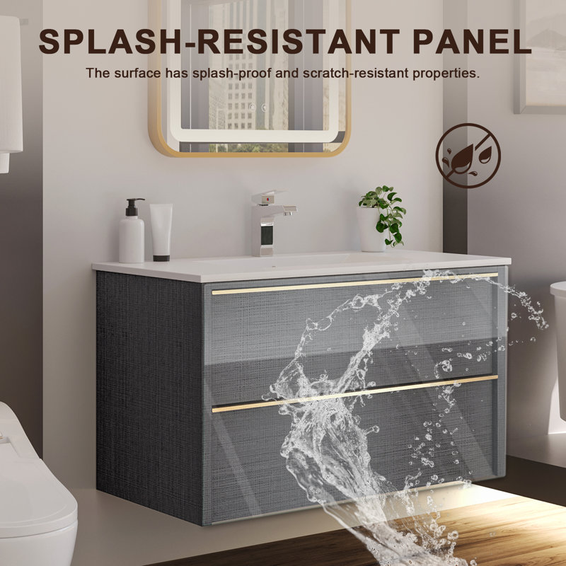 Meuble-lavabo flottant 36 po, meuble-lavabo moderne avec 2 tiroirs et poignées en métal, meuble-lavabo gris (gris avec lavabo, 36)