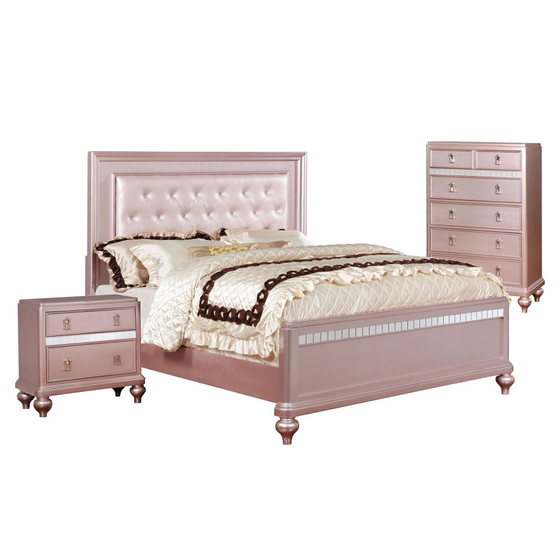 Ensemble de chambre à coucher complète en bois 3 pièces Annistyn, Double, 3 Pcs: Bed, Nightstand, Chest