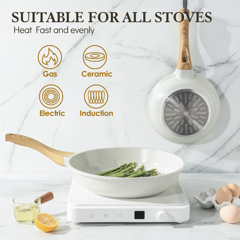12.5 Inch White Ceramic Nonstick Frying Pan with Woodgrain Handle