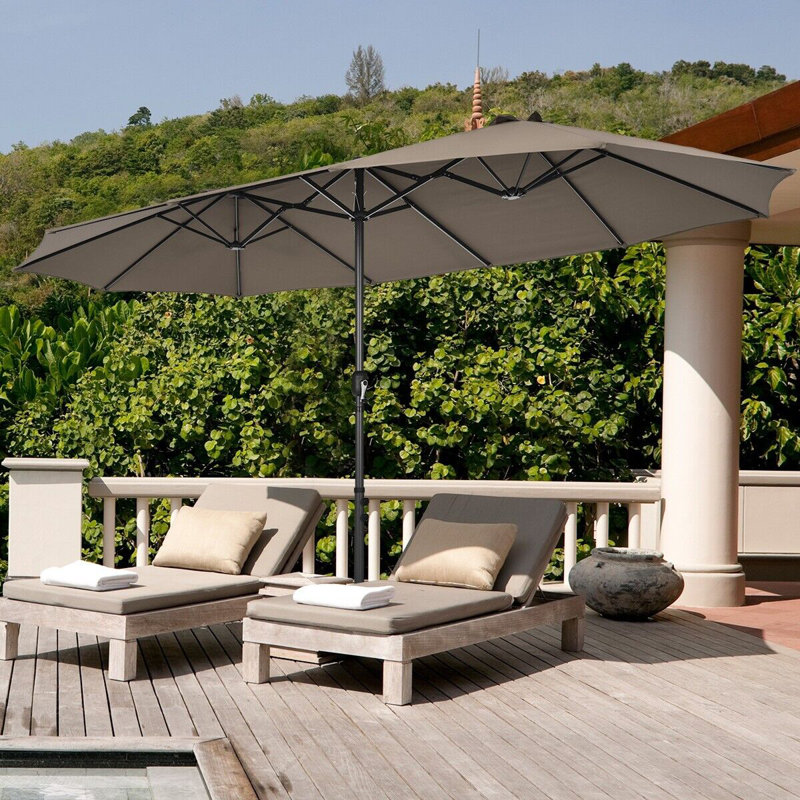 Double-Sided Parasol W/Base And Crank Outdoor Twin Large Patio Umbrella, 247cm H x 460cm W x 270cm D, Brown