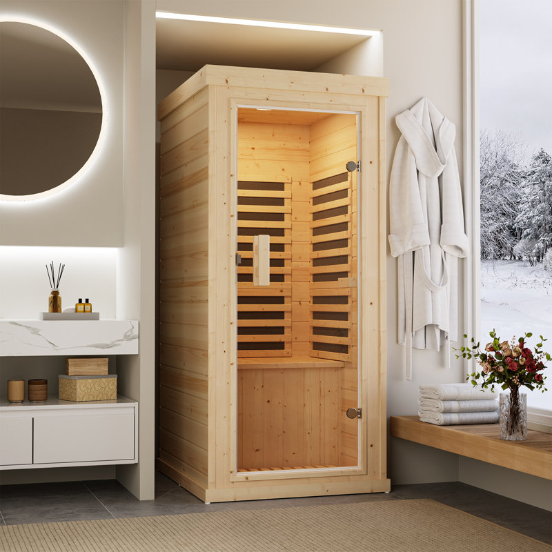 Sauna Pro 1-Person Indoor Infrared Sauna in Spruce Wood with Tempered Glass Door, LED Lighting and Digital Control, for Home Spa & Relaxation