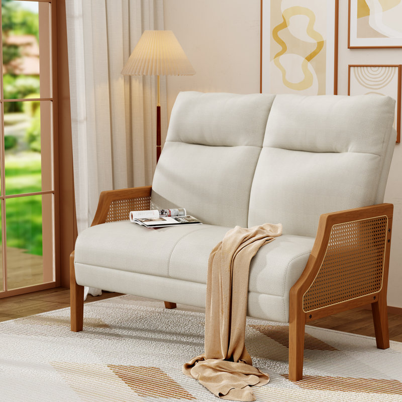 48" Upholstered Loveseat Sofa With Rattan Arms, Ivory