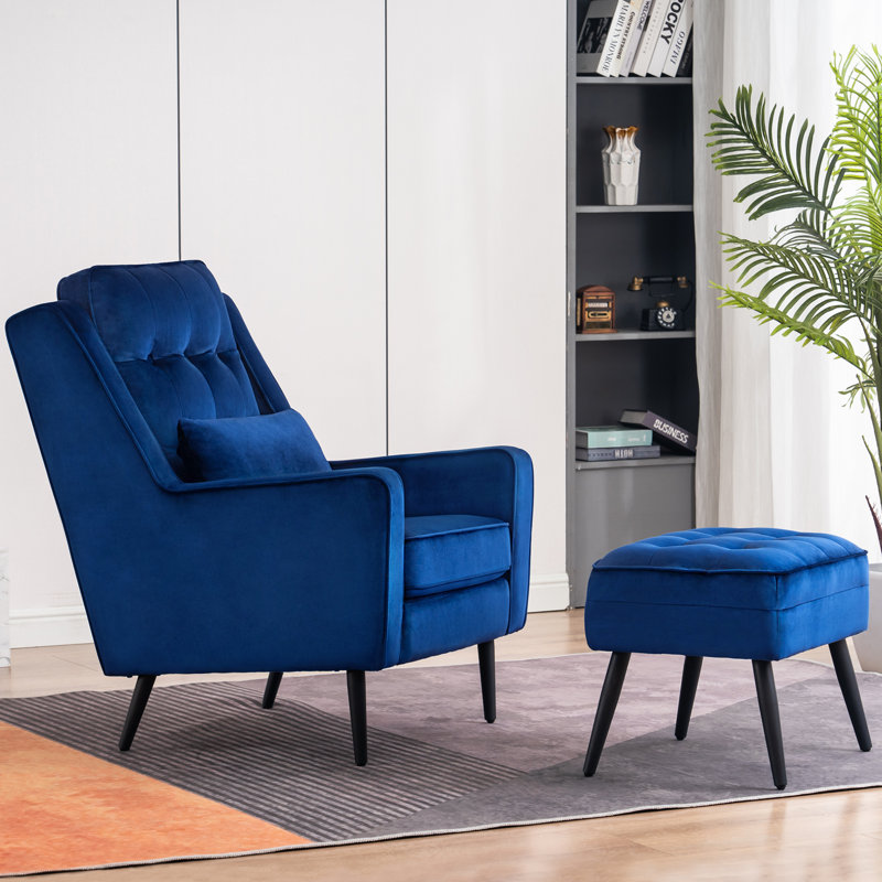 Modern Accent Club Chair with Ottoman, Velvet Upholstered with Black Metal Legs, Armchair with Lumbar Pillow, Navy Velvet
