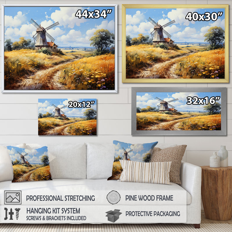 Mill Wind Pastoral Symphony, reproduction d'art sur toile, Cadre flottant noir, H 34 po x l 44 po x P 1,5 po