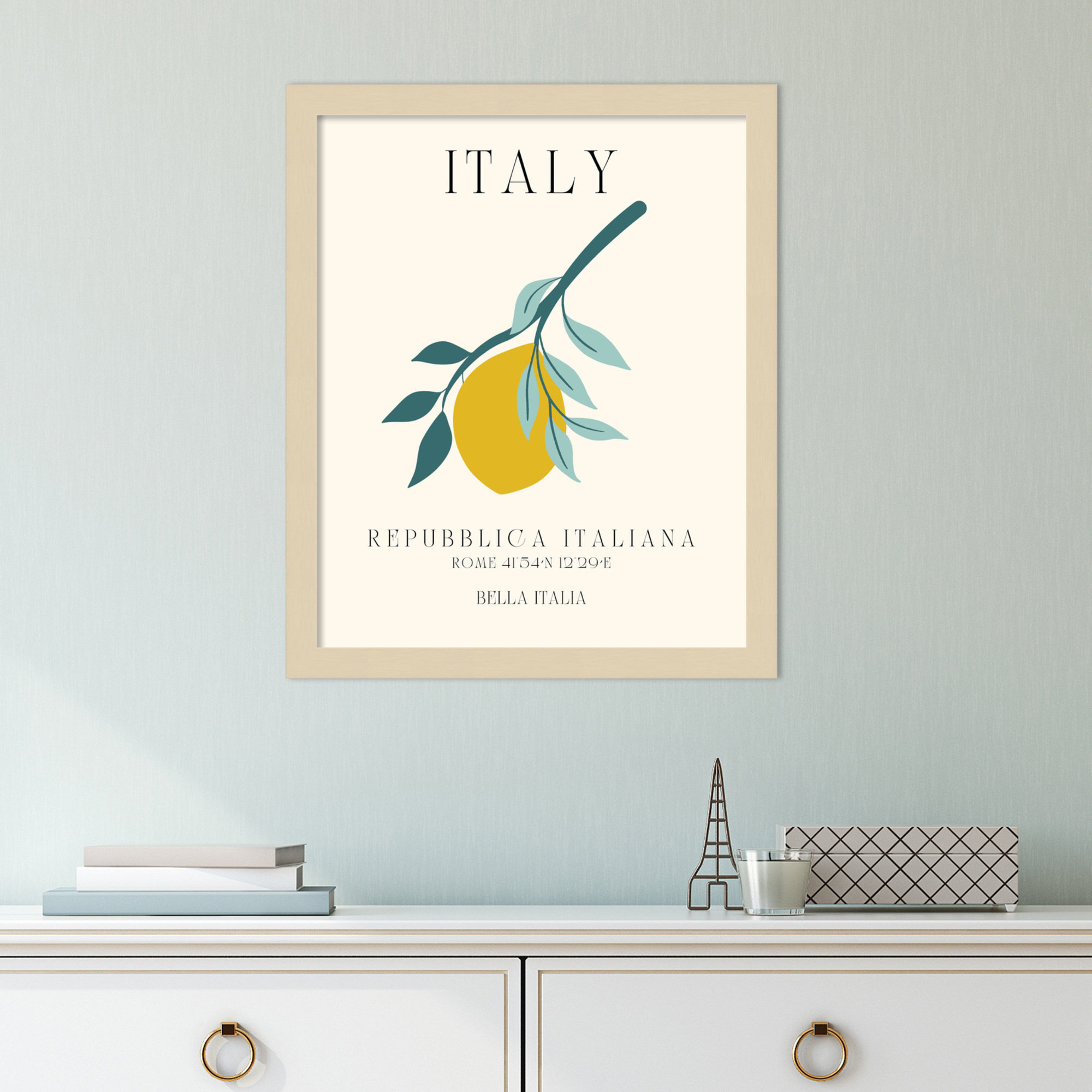 Italy Travel Poster Bella Italia by Chayan Lewis, Brown Framed, 14" W x 17" H x 1" D