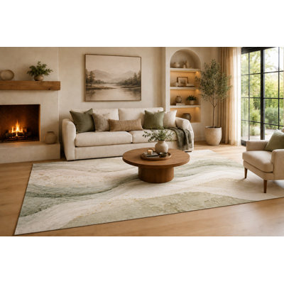 "Ultra Light Weight" Large 6'7" x 9'10"  Sage Green and Ivory Interwoven Water Flow Area Rug for Living Room, Soft Low Pile Carpet with Non-Slip Silicone Backing, Decor for Bedroom, Dining Area and Home Office