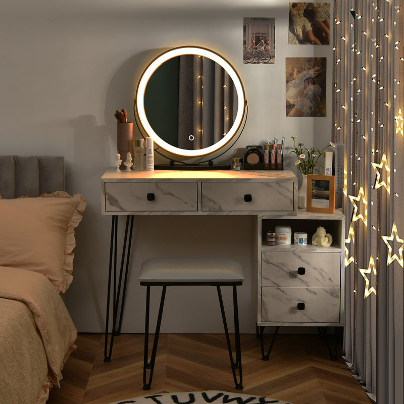 Bedroom Makeup Vanity Dressing Table Stool Set with 3 Colors Lighted Mirror Large Storage Cabinet Drawer, White/Black