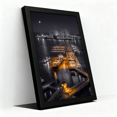 «Cargo Ship and Port Cranes at Industrial Harbor at Night», art mural sur toile