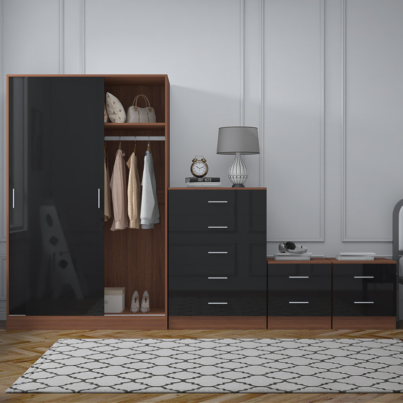 Eva Piece Bedroom Set, Black Gloss / Walnut