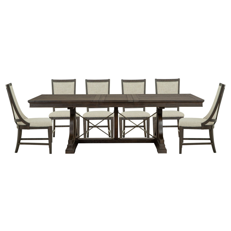 Extendable Trestle Dining Table With 4 Upholstered Side Chairs And 2 Host Chairs, 7 Pieces: Table, 6 Chairs