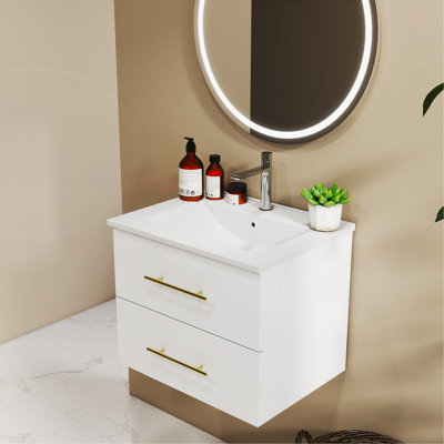 24-Inch Wall-Mounted Bathroom Vanity With Sink Combo,Double Drawers, Ceramic Basin, Easy Assemble,Long Handle In Gold Metal,2 Storage Drawers,Glossy White