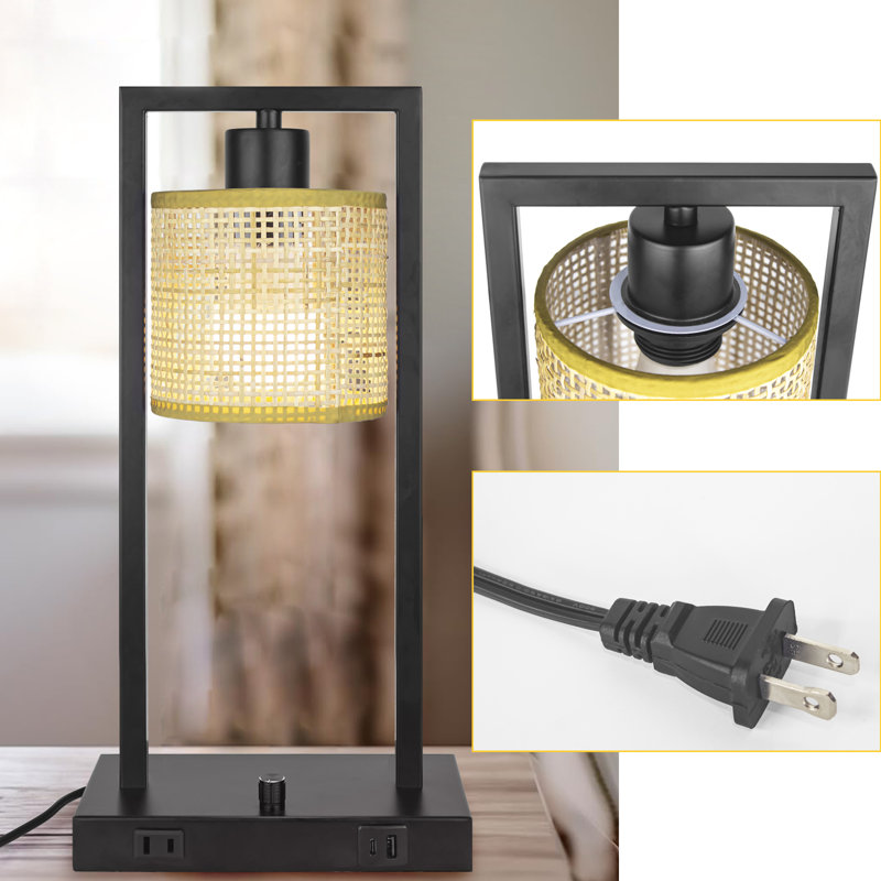 Set Of 2 Table Lamp With Rattan Shade For Reading Bedside
