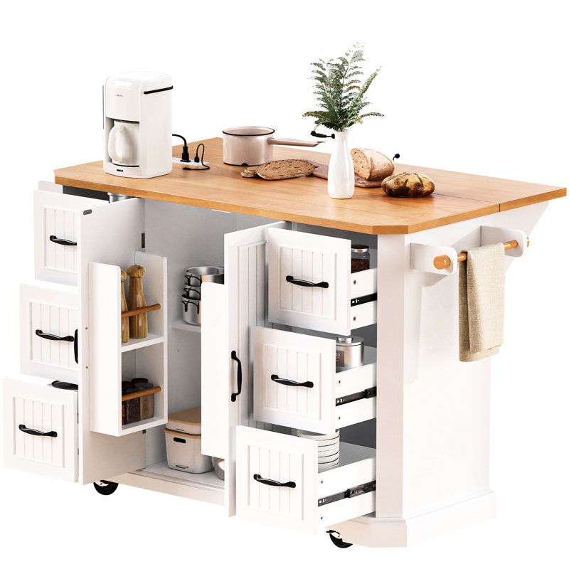 Kitchen Island With 4 Door Shelves, 6 Drawers, Drop Leaf, White - Classic Rolling Cart 47" Wide Top, Drawers Space Saving Design