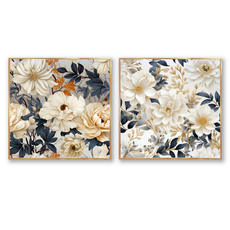 Tottenham - Ensemble de 2 collages carrés floraux, H 16 po x l 33 po, Cadre flottant doré