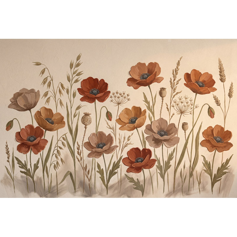 Motif de fleurs sauvages, coquelicots, illustration botanique, décoration murale amovible, 120 po x 96 po, Peler et coller