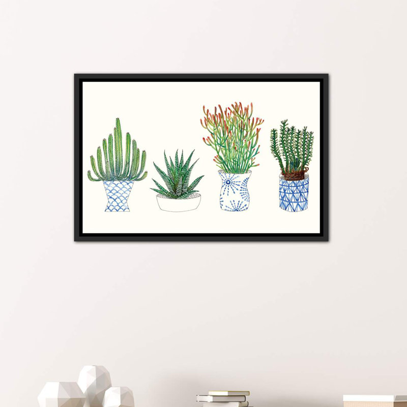 « quatre plantes grassess i » par melissa wang-, reproduction d’art, H 18 po x l 26 po x P 1,5 po, Toile avec cadre noir