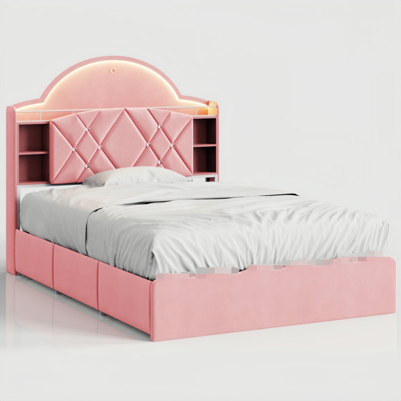Bed with Storage Velvet Tufted Headboard Platform Bed with Bookcase Charging Station LED Lights, Pink, Twin, Pink