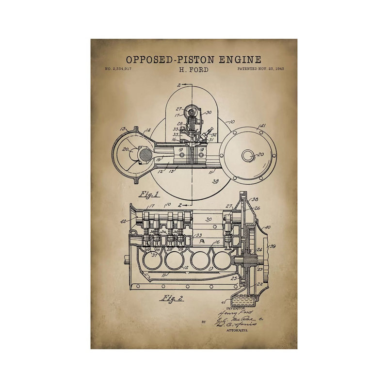 Opposed-Piston Engine by PatentPrintStore - Wrapped Canvas Print, 20.32 cm H x 30.48 cm W