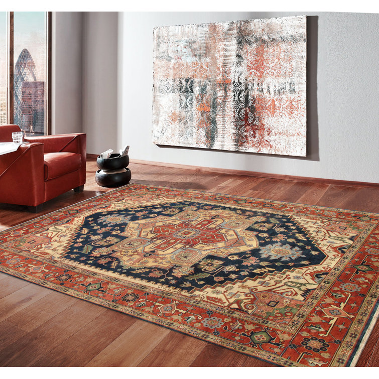 Tapis oriental en laine noué à la main Serapi - rouge / bleu marine / beige