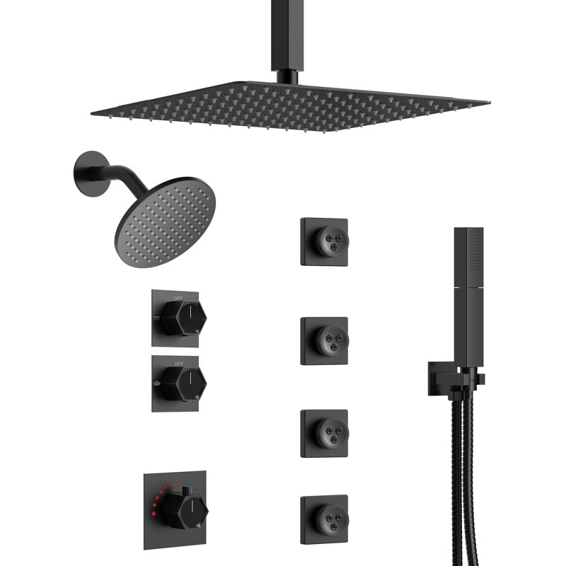  Thermostatic Dual Showerheads System, 12" Rainfall Shower Faucet with Handheld Shower, Matte Black