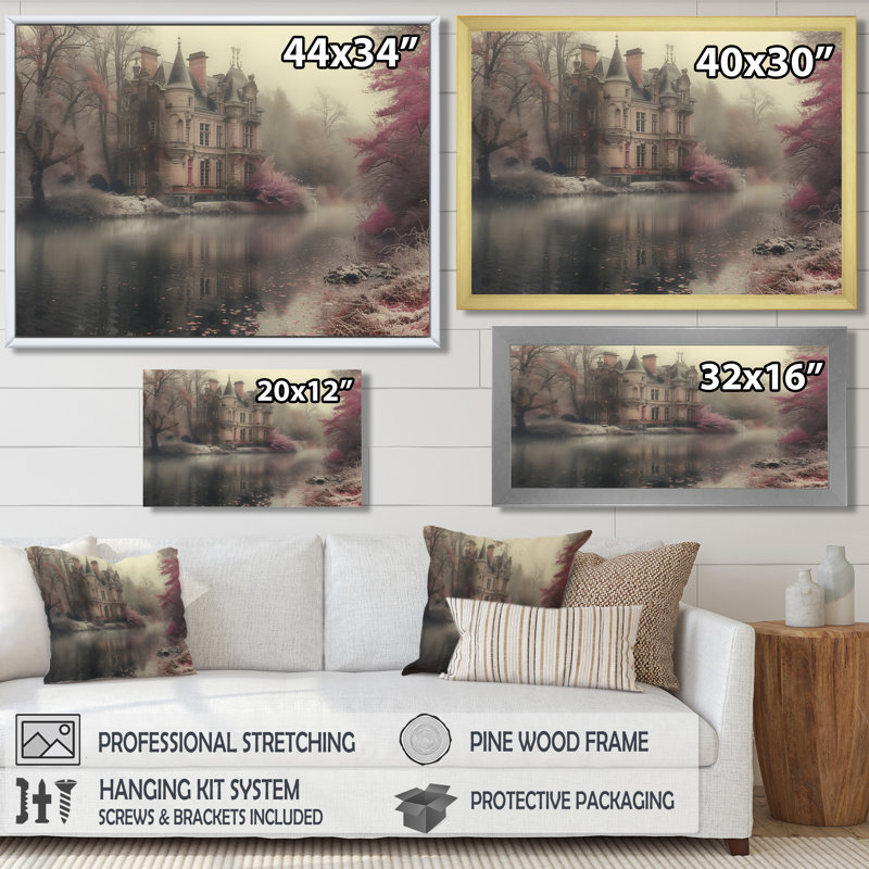 Mauve, beige, hiver, château romantique en Europe - châteaux, impression d'art mural, Toile tendue, 24" H x 32" W