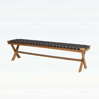 Durable Acacia Wood Outdoor Bench with Rope Weave and X-Cross Frame, Perfect for Stylish Patio Seating