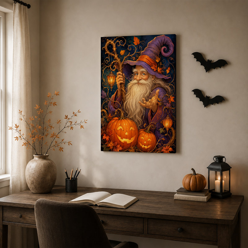 Toile mauve mauve avec lanterne rougeoyante et art mural d'Halloween, H 30 po x l 20 po