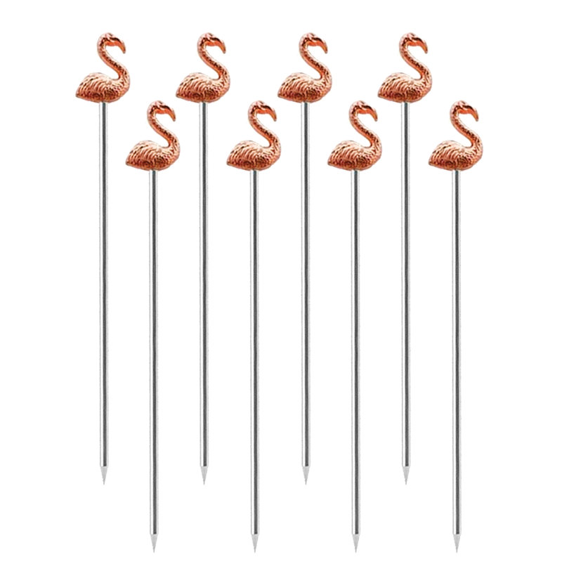 Rose Gold Flamingo Handle Stainless Steel Cocktail Picks, Set of 8