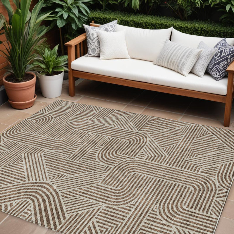 Tapis d'extérieur lavable abstrait brun et beige 8 pi x 10 pi
