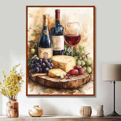 «Brown Wine and Cheese Gathering - Kitchen Still Life», reproduction d'art encadrée