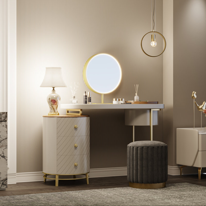  Commode de chambre à coucher avec miroir de coiffeuse éclairé et ensemble de table (tabouret non inclus), Blanc