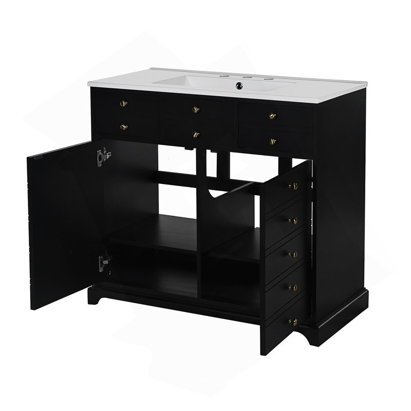 Ensemble de meuble-lavabo 36 po avec lavabo en résine, armoire de rangement en bois massif, ensemble de meuble-lavabo autoportant avec 2 tiroirs et portes à fermeture douce, noir